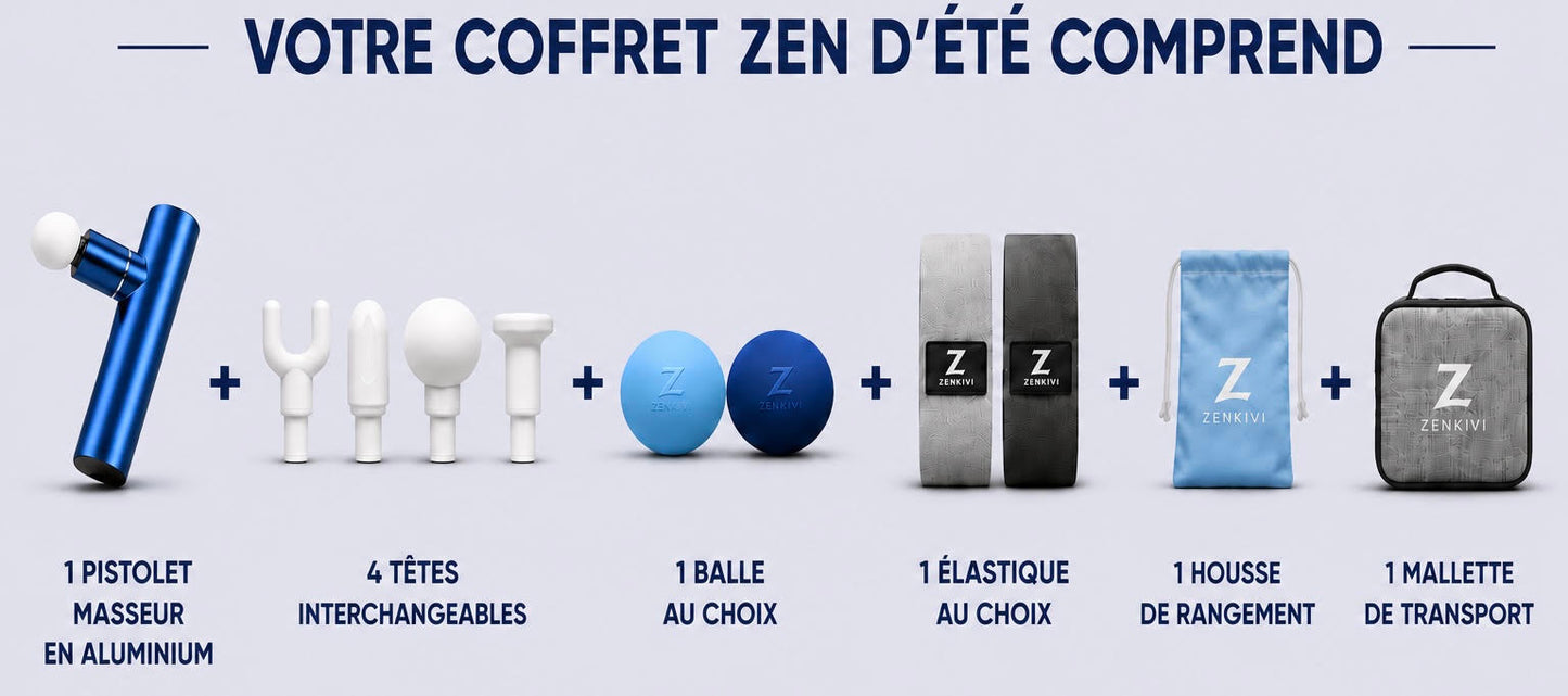 Coffret Zenkivi de récupération musculaire avec pistolet masseur bleu, balle plantaire, élastique de résistance et mallette de transport